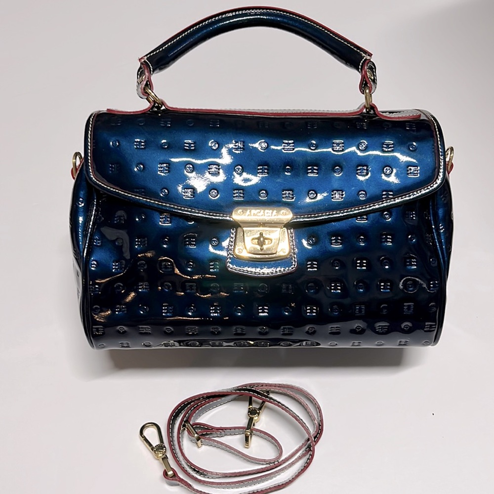 Arcadia, Italian Patent Leather Navy Purse with removable crossbody strap.